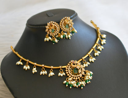 Matte finish cz green-white rice pearl peacock hasli necklace set dj-45249