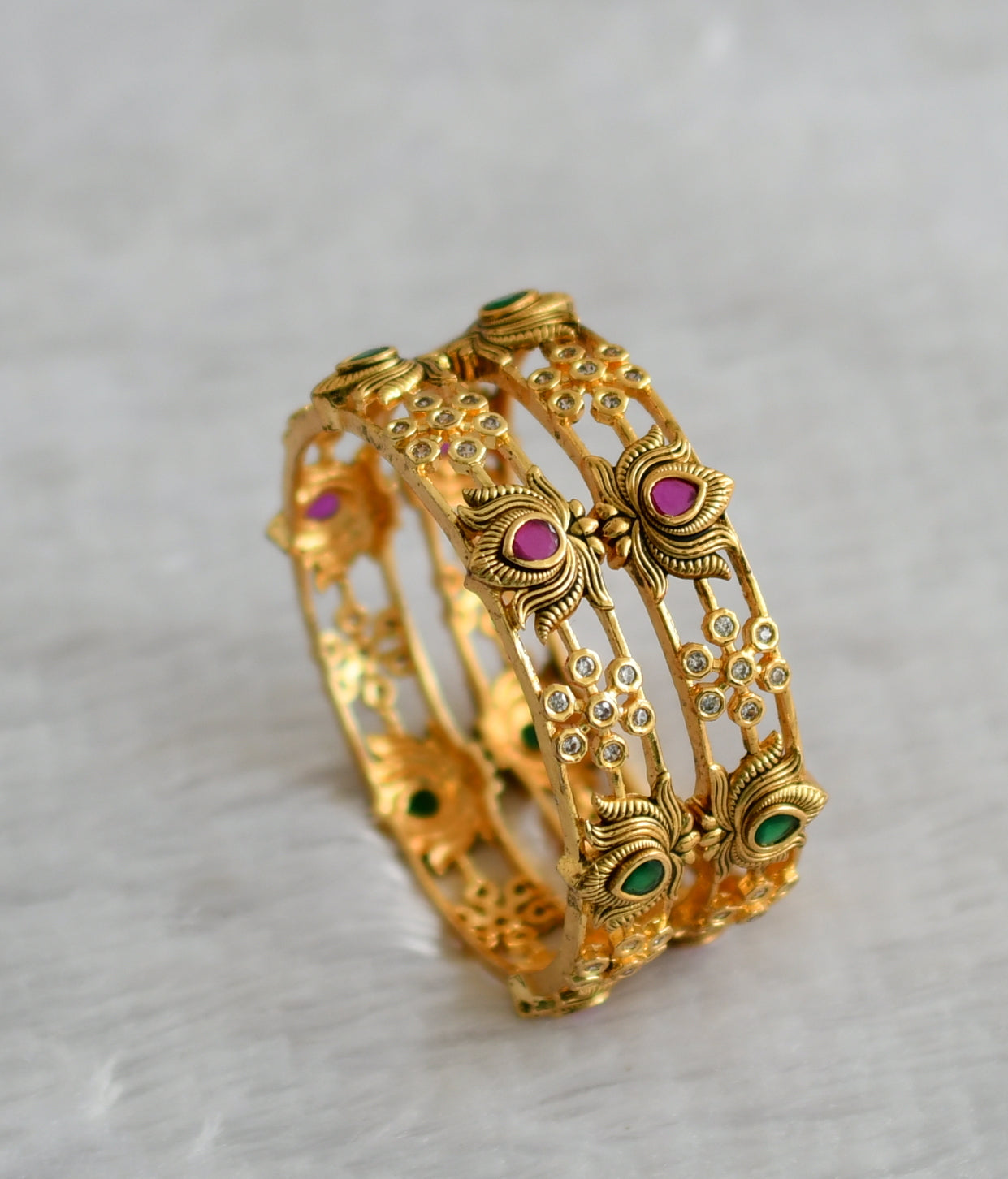 Antique gold tone ruby-green-white lotus bangles(2.10) dj-46914