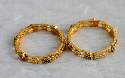 Antique gold tone ruby-green-white lotus bangles(2.8) dj-46913