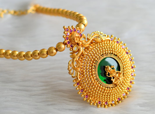 Gold look alike kerala style pink-green lakshmi round ball necklace dj-43611