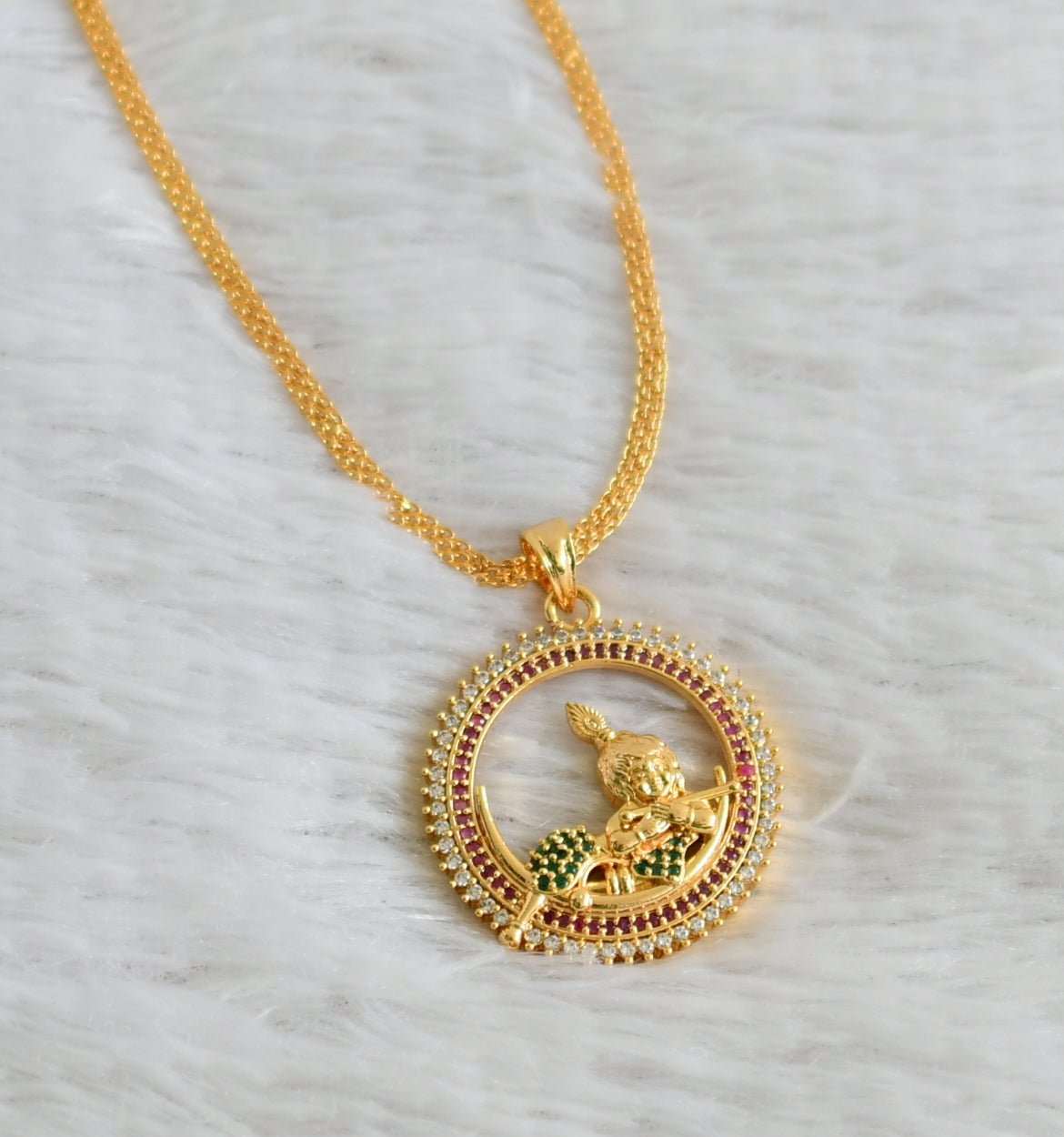 Gold tone 24 inches chain with ruby-green-white krishna round pendant dj-48671