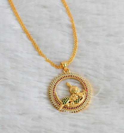 Gold tone 24 inches chain with ruby-green-white krishna round pendant dj-48671