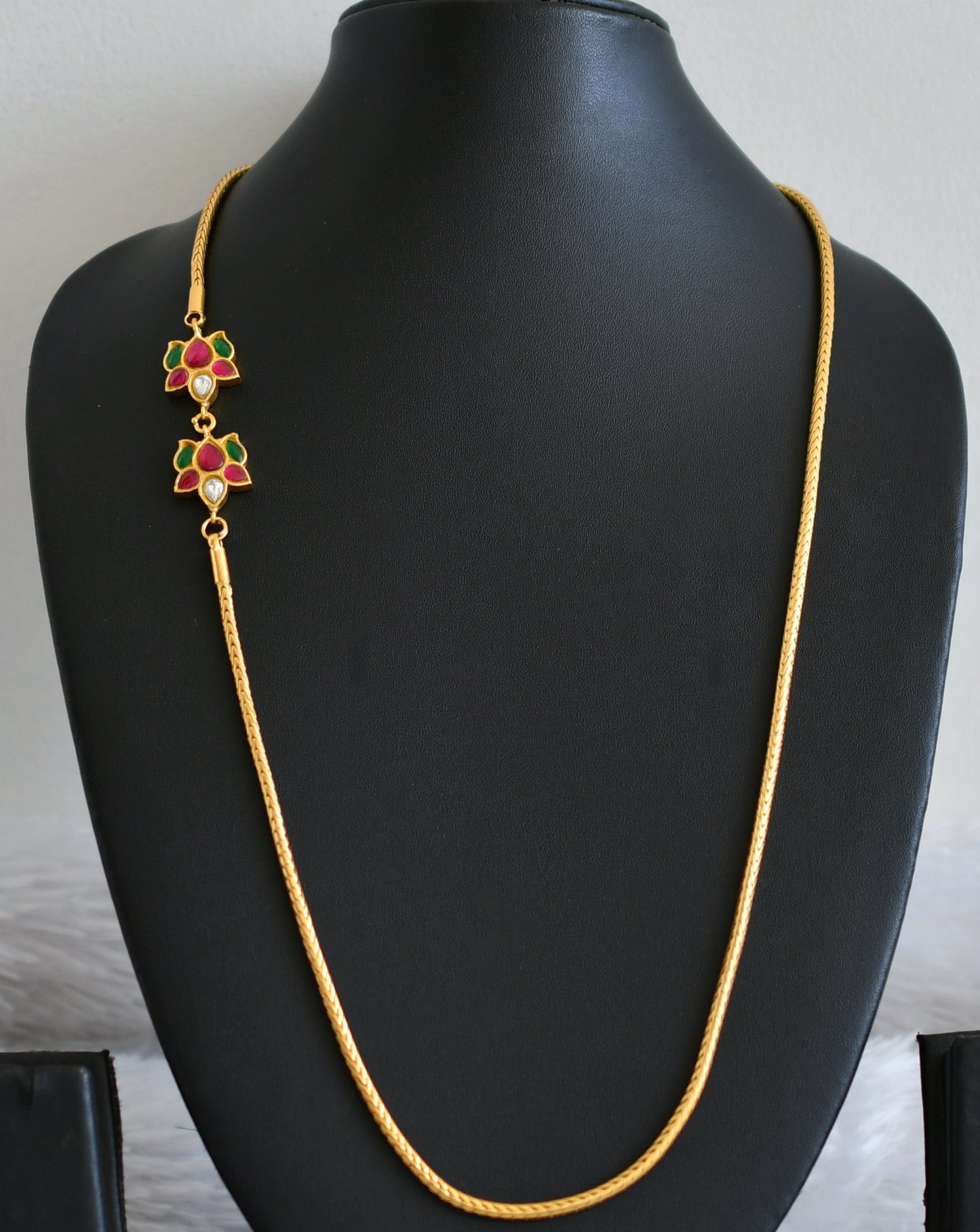 Gold tone pink-green-white lotus kundan jadau mugappu chain dj-48689