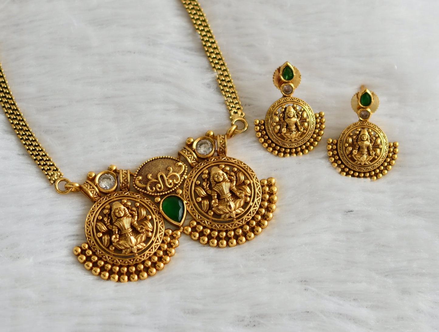 Antique gold tone green-white lakshmi choker necklace set dj-46944