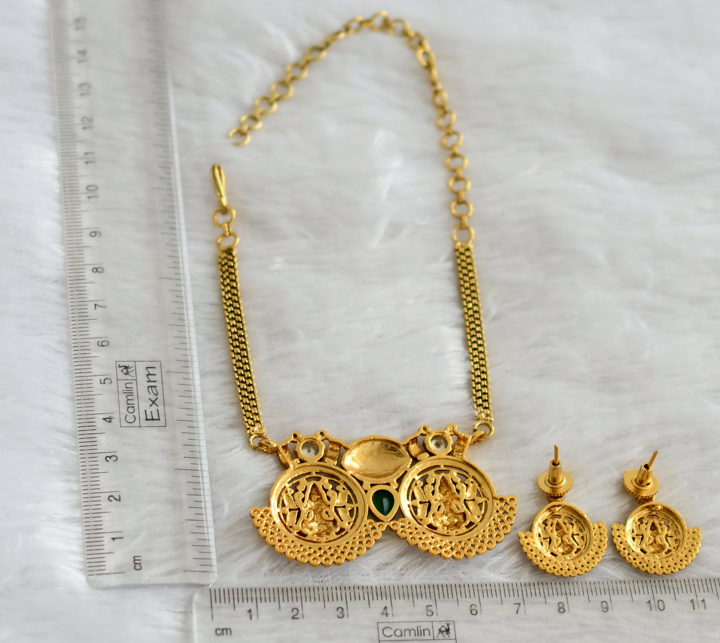 Antique gold tone green-white lakshmi choker necklace set dj-46944