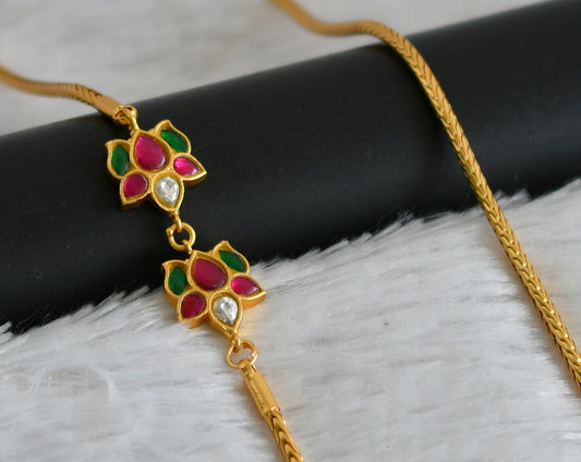 Gold tone pink-green-white lotus kundan jadau mugappu chain dj-48689