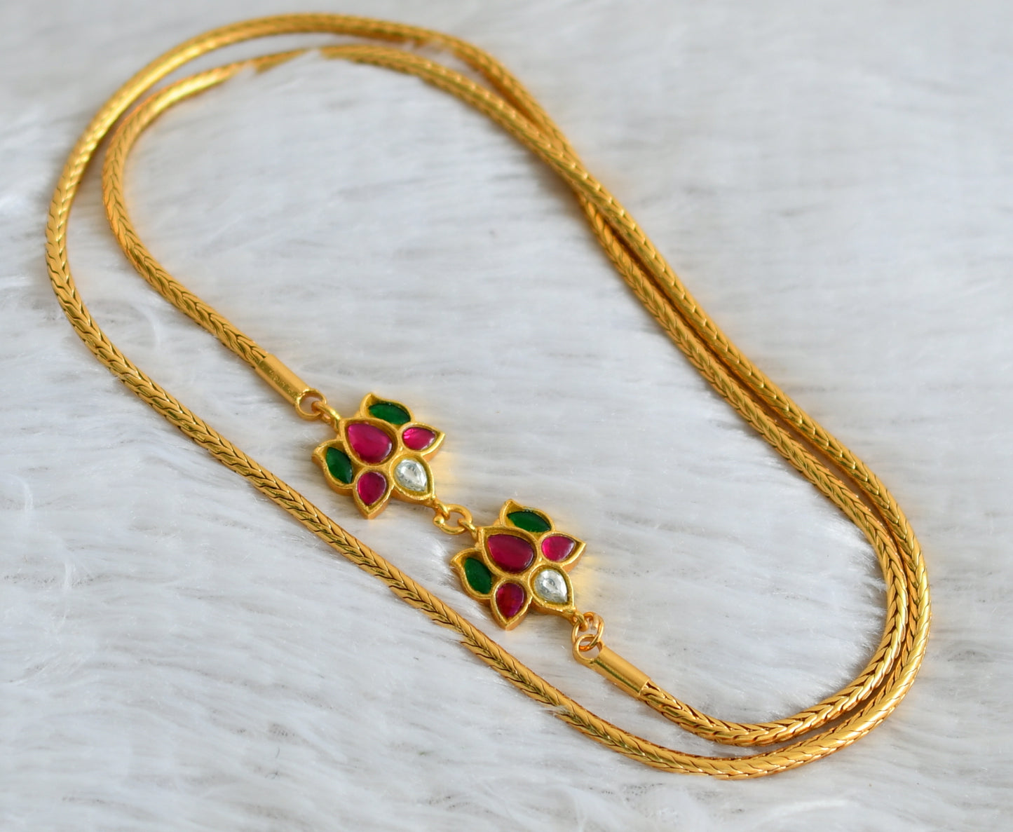 Gold tone pink-green-white lotus kundan jadau mugappu chain dj-48689