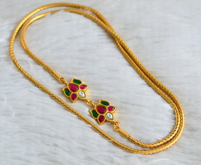 Gold tone pink-green-white lotus kundan jadau mugappu chain dj-48689