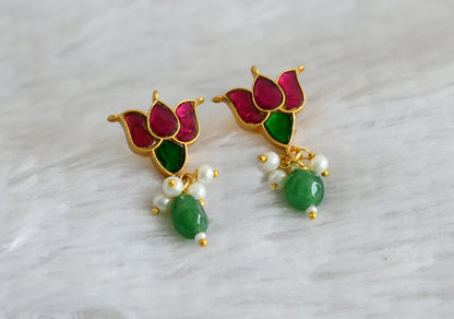 Matte finish pink-green lotus kundan jadau earrings dj-48690