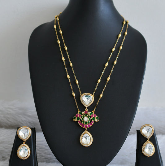 Matte finish cz pink-green-white kundan jadau flower double layer necklace set dj-48727