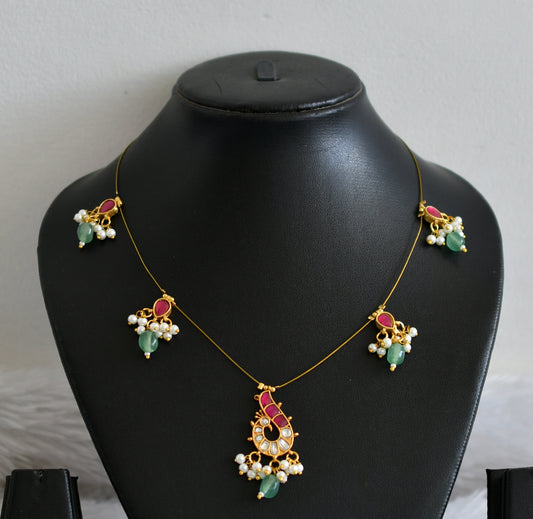 Gold tone pink-white kundan jadau green beaded peacock invisible necklace dj-48719