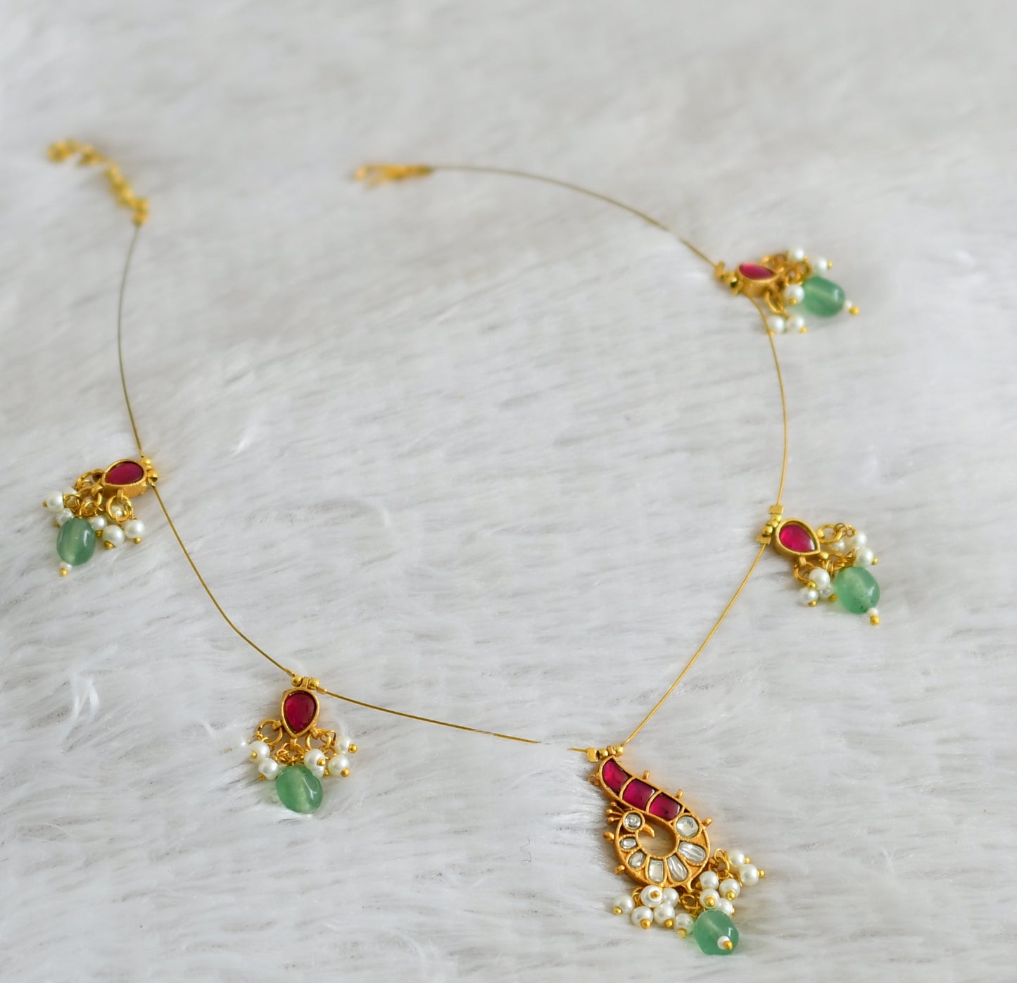 Gold tone pink-white kundan jadau green beaded peacock invisible necklace dj-48719