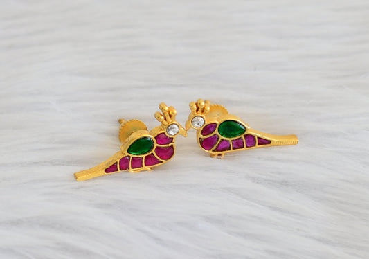 Matte finish pink-green-white kundan jadau bird Screw stud/back earrings dj-45261