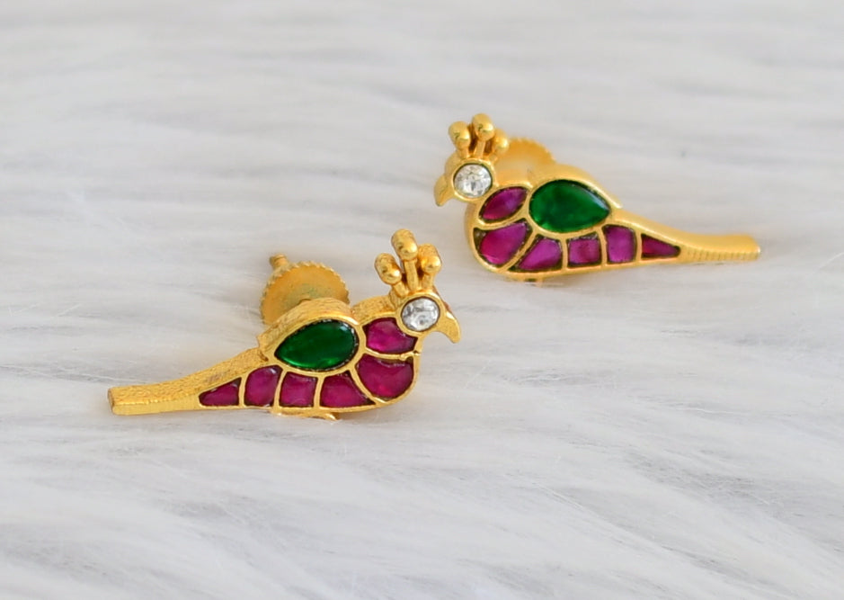 Matte finish pink-green-white kundan jadau bird Screw stud/back earrings dj-45261