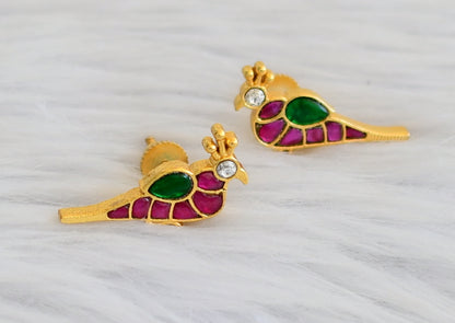 Matte finish pink-green-white kundan jadau bird Screw stud/back earrings dj-45261