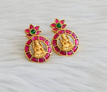 Matte finish pink-green kundan jadau lakshmi earrings dj-45262