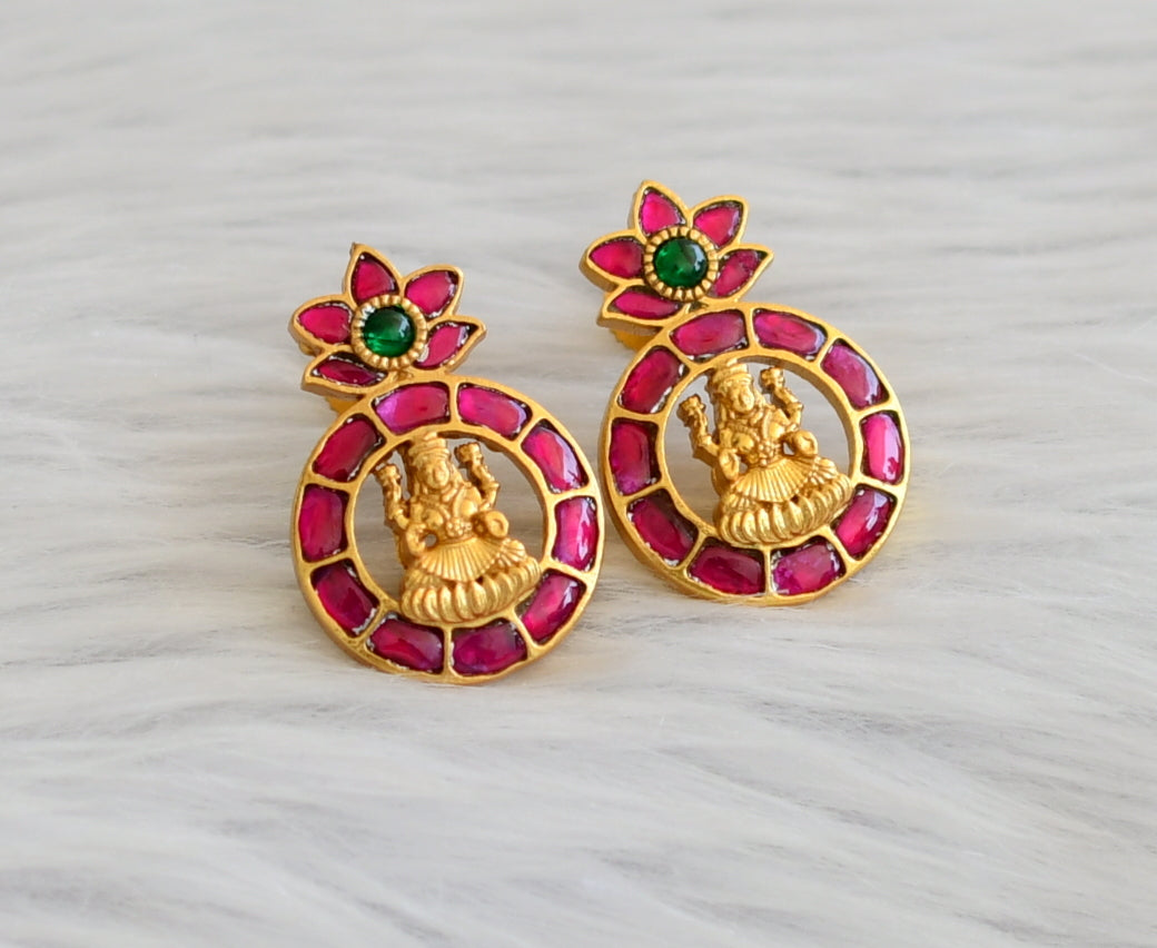 Matte finish pink-green kundan jadau lakshmi earrings dj-45262