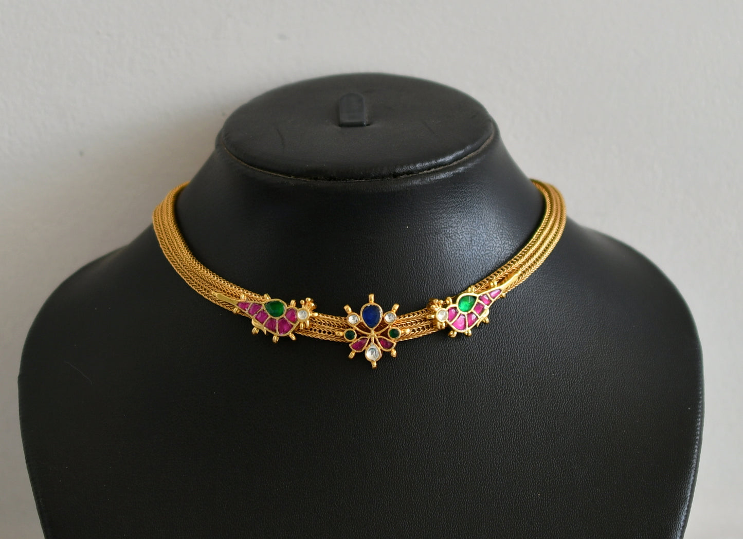 Matte finish pink-green-blue-white kundan jadau bird flower choker necklace dj-48721