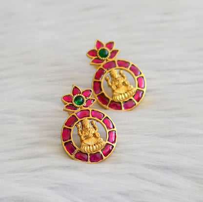 Matte finish pink-green kundan jadau lakshmi earrings dj-45262