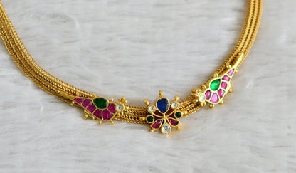 Matte finish pink-green-blue-white kundan jadau bird flower choker necklace dj-48721