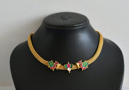 Matte finish pink-green kundan jadau lotus swan choker necklace dj-48722