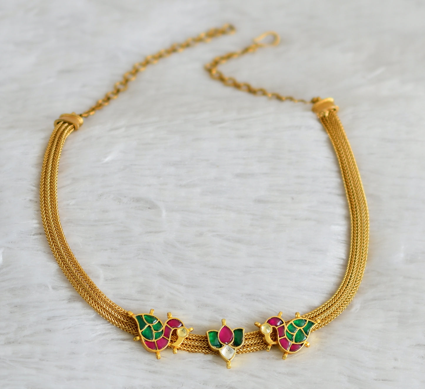 Matte finish pink-green kundan jadau lotus swan choker necklace dj-48722