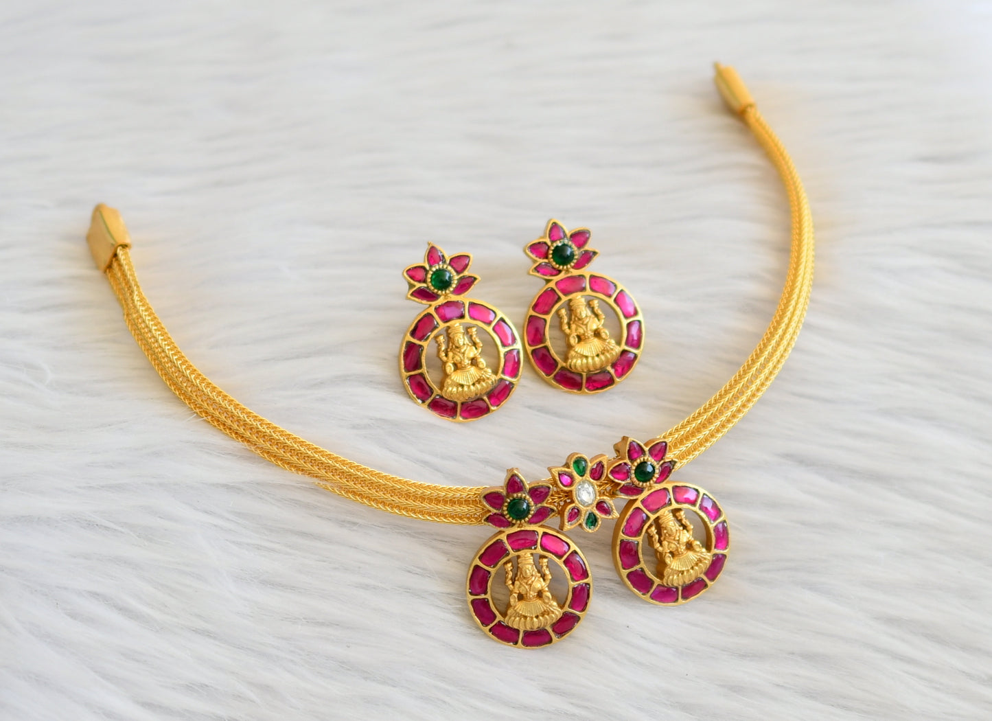 Gold tone pink-green-white lakshmi kundan jadau necklace set dj-45265