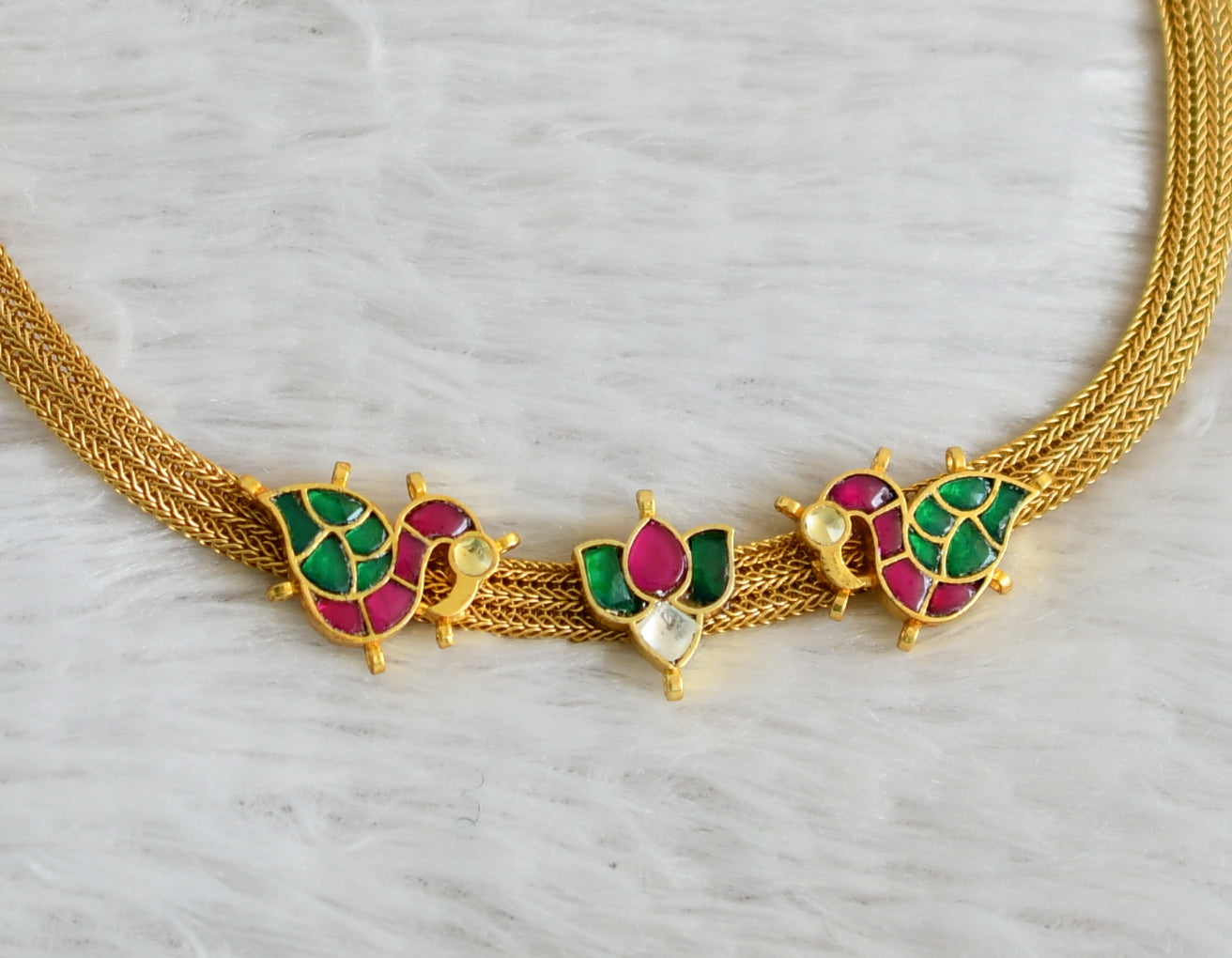 Matte finish pink-green kundan jadau lotus swan choker necklace dj-48722