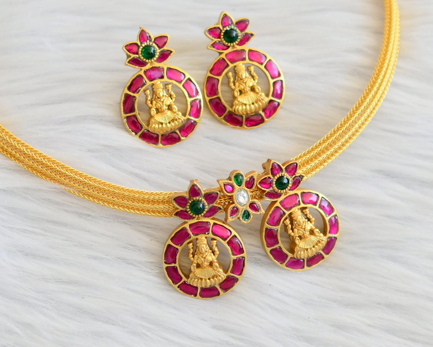 Gold tone pink-green-white lakshmi kundan jadau necklace set dj-45265