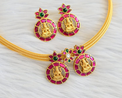 Gold tone pink-green-white lakshmi kundan jadau necklace set dj-45265