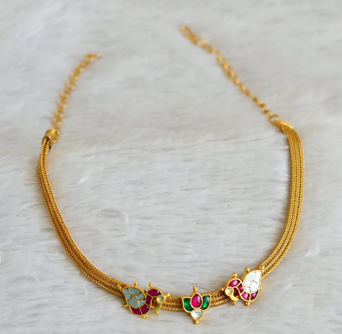 Matte finish pink-green-white kundan jadau lotus swan choker necklace dj-48723