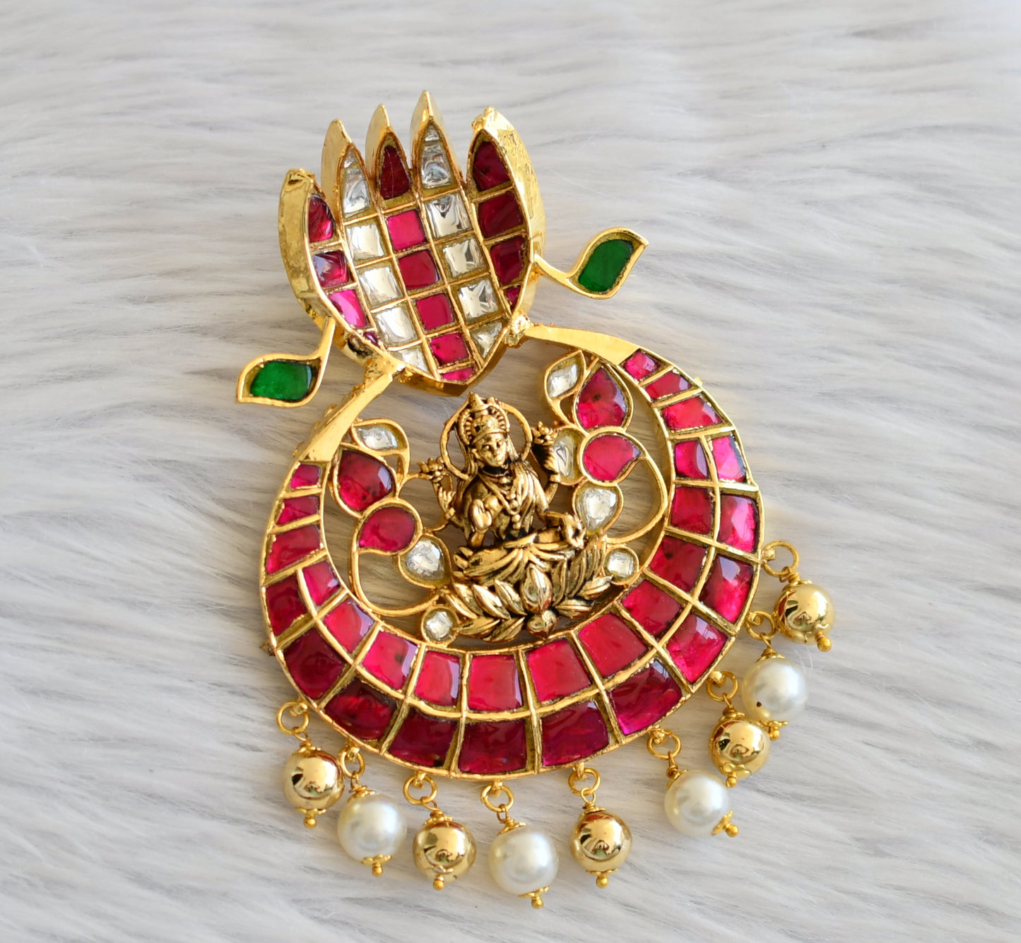 Gold tone pink-green-white pearl bead big naga lakshmi jadau kundan pendant dj-45263
