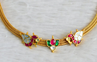 Matte finish pink-green-white kundan jadau lotus swan choker necklace dj-48723