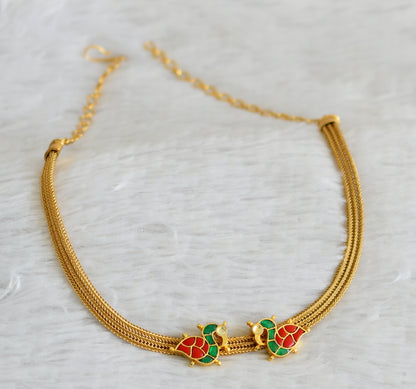 Matte finish coral-green-white kundan jadau swan choker necklace dj-48725