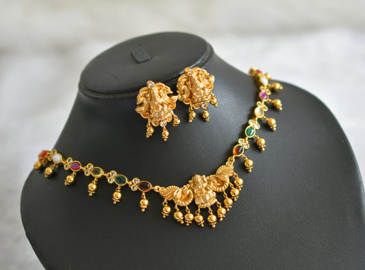 Matte finish navarathna stone lakshmi peacock necklace set dj-46937