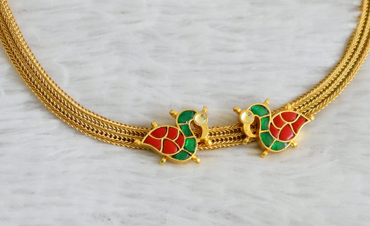 Matte finish coral-green-white kundan jadau swan choker necklace dj-48725