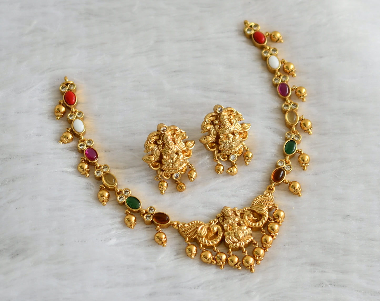 Matte finish navarathna stone lakshmi peacock necklace set dj-46937