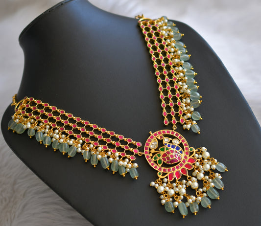 Gold tone pink-green-white-blue sea green beaded peacock kundaan jadau necklace dj-45266