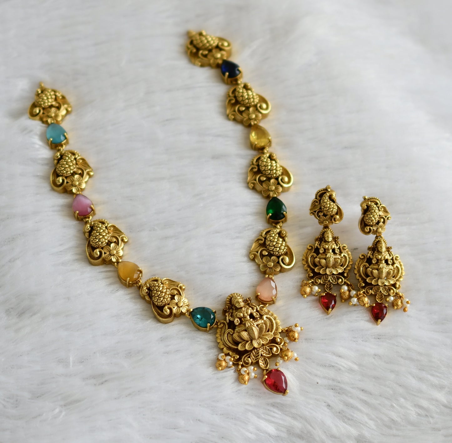 Antique gold tone multi color lakshmi peacock flower necklace set dj-46945