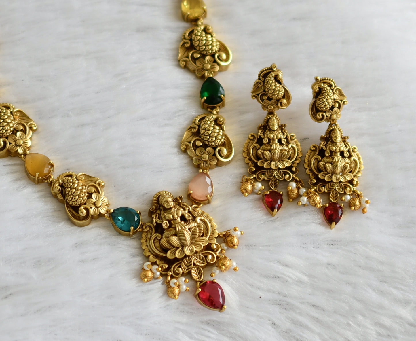 Antique gold tone multi color lakshmi peacock flower necklace set dj-46945