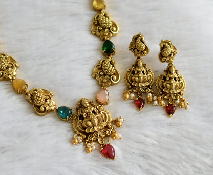 Antique gold tone multi color lakshmi peacock flower necklace set dj-46945