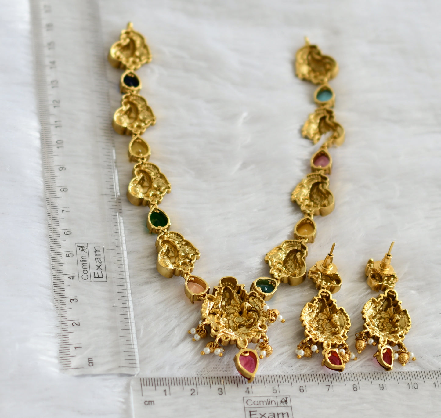 Antique gold tone multi color lakshmi peacock flower necklace set dj-46945