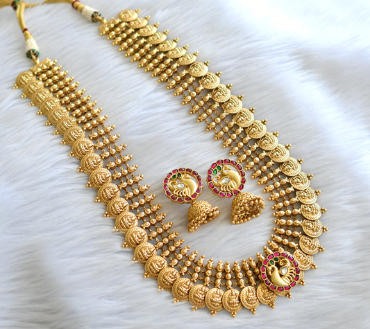 Antique gold look alike pink-green-white kundan jadau lakshmi coin peacock haar set dj-43635