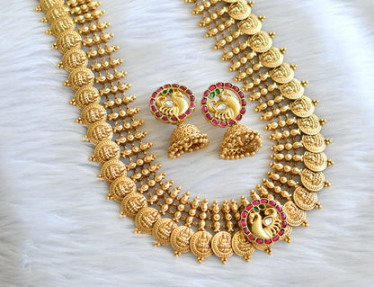 Antique gold look alike pink-green-white kundan jadau lakshmi coin peacock haar set dj-43635