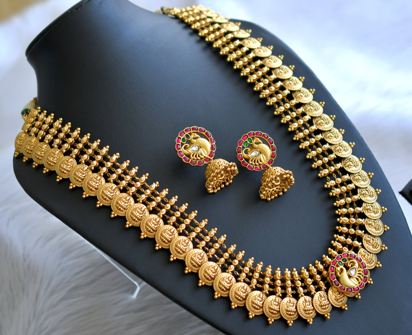 Antique gold look alike pink-green-white kundan jadau lakshmi coin peacock haar set dj-43635