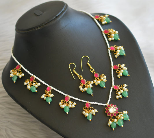 Gold tone pink-green-white pearl green beaded flower kundan jadau necklace set dj-45267