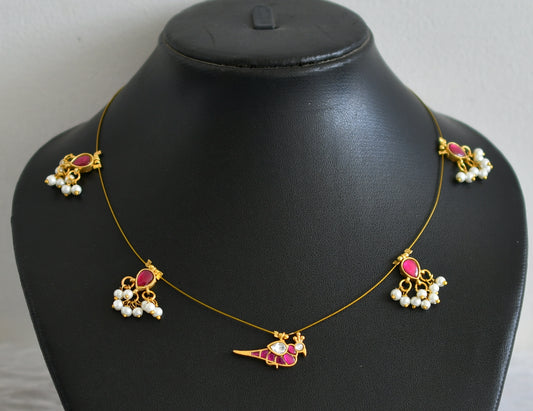 Gold tone pink-white kundan jadau bird invisible necklace dj-48717