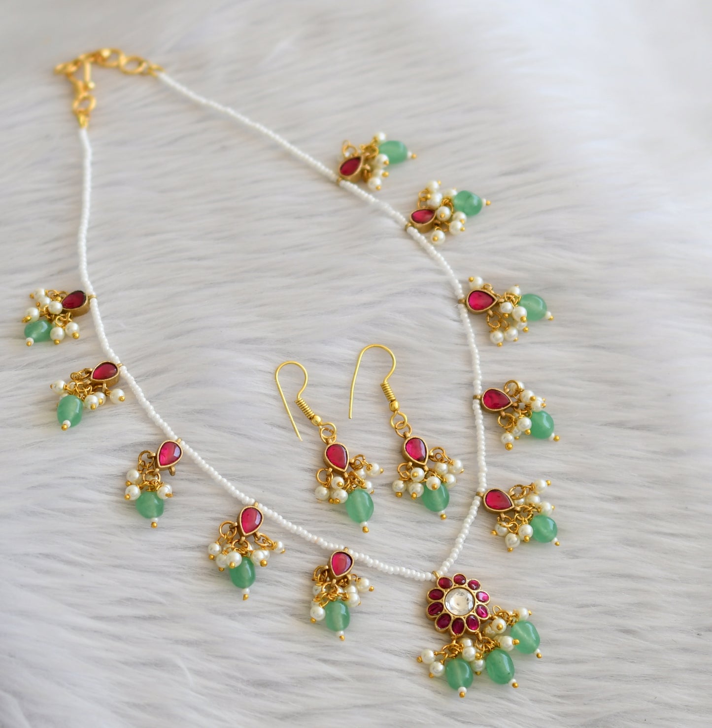 Gold tone pink-green-white pearl green beaded flower kundan jadau necklace set dj-45267