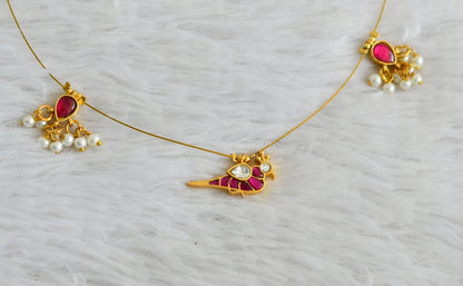 Gold tone pink-white kundan jadau bird invisible necklace dj-48717