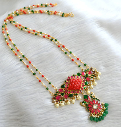 Gold tone pink-green-white kundan jadau peacock haar dj-43636